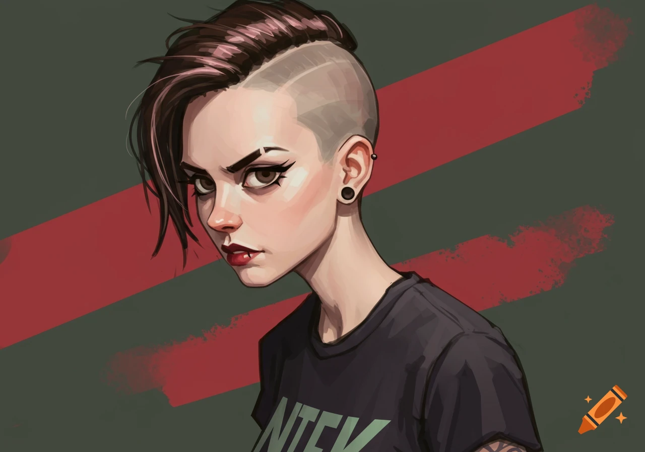 Stylized image of a woman with a side shave and band shirt.