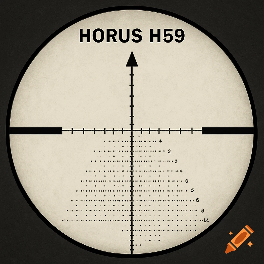 A detailed view of a rifle scope reticle with HORUS H59 branding.