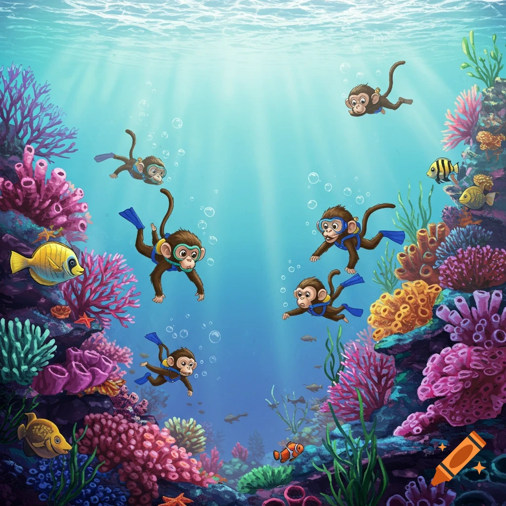 Cartoon monkeys snorkeling in a coral reef with fish.