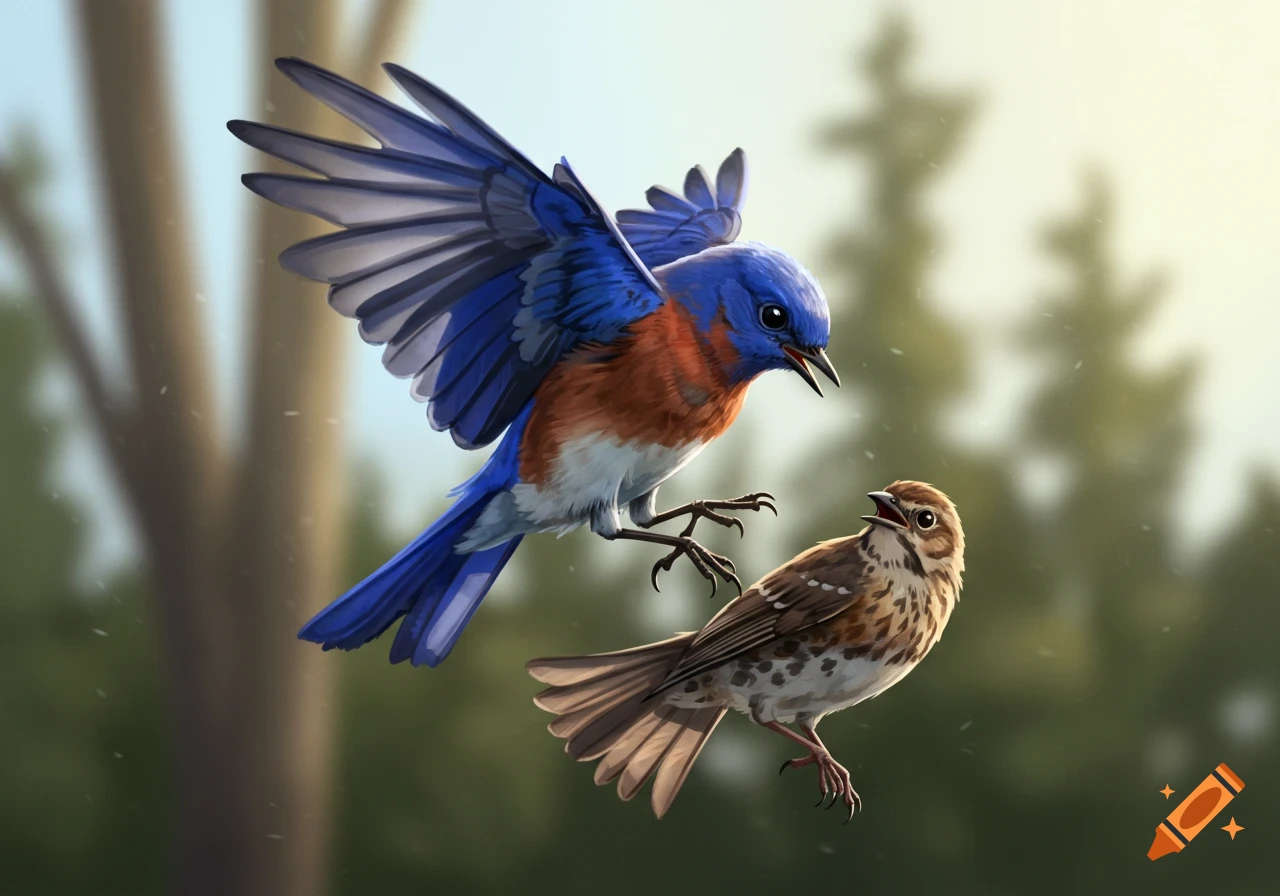 A bluebird attacking a brown bird.