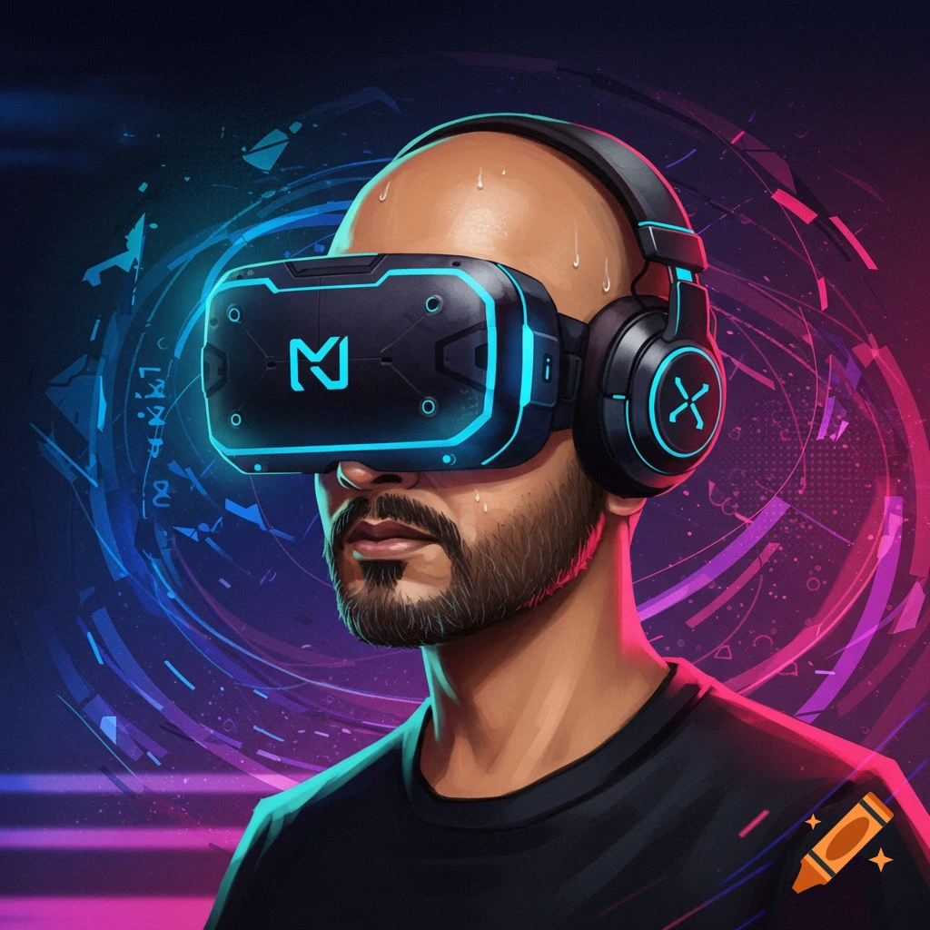 A bald man with a beard wearing a VR headset and headphones is shown against an abstract, neon background.