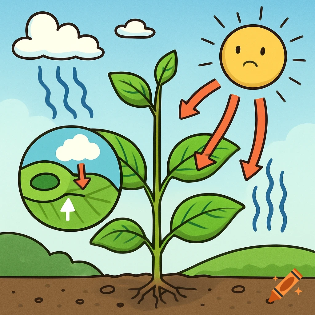 Cartoon diagram of a plant showing rain, sun, and roots absorbing water.