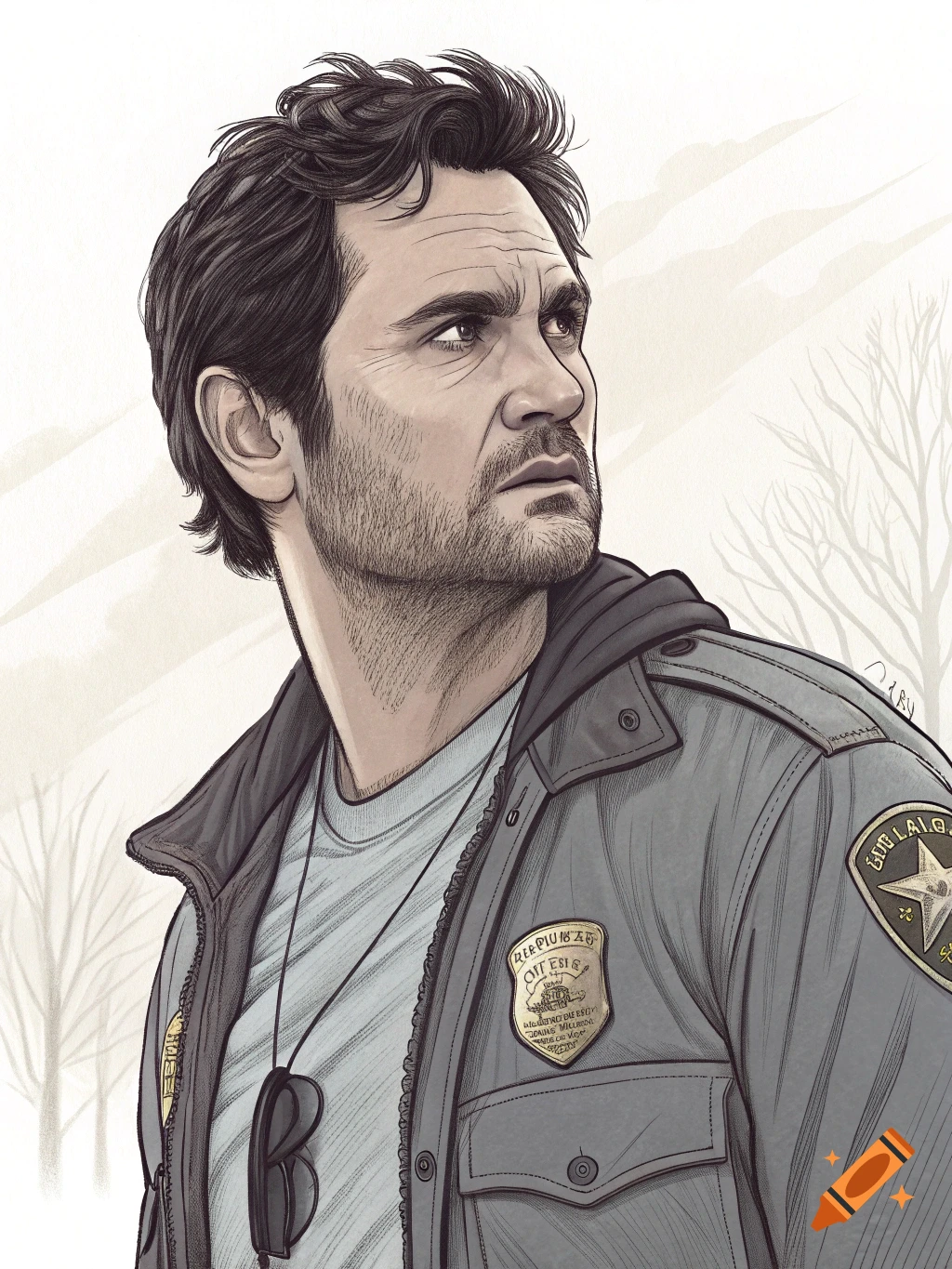 Illustration of a man with a beard in a jacket with badges, looking up and away.