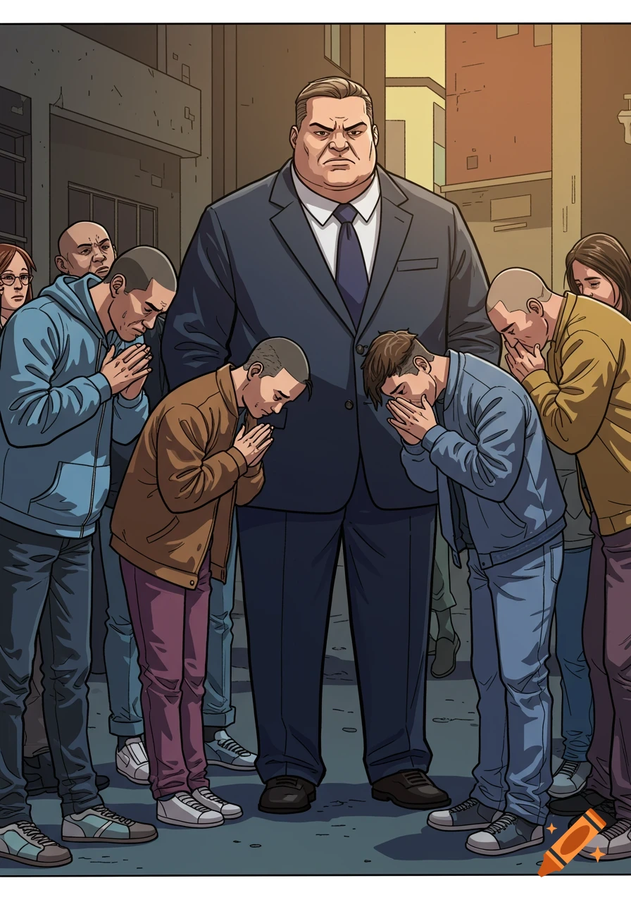 Large man in suit stands as a group of people bow before him in a comic art style.