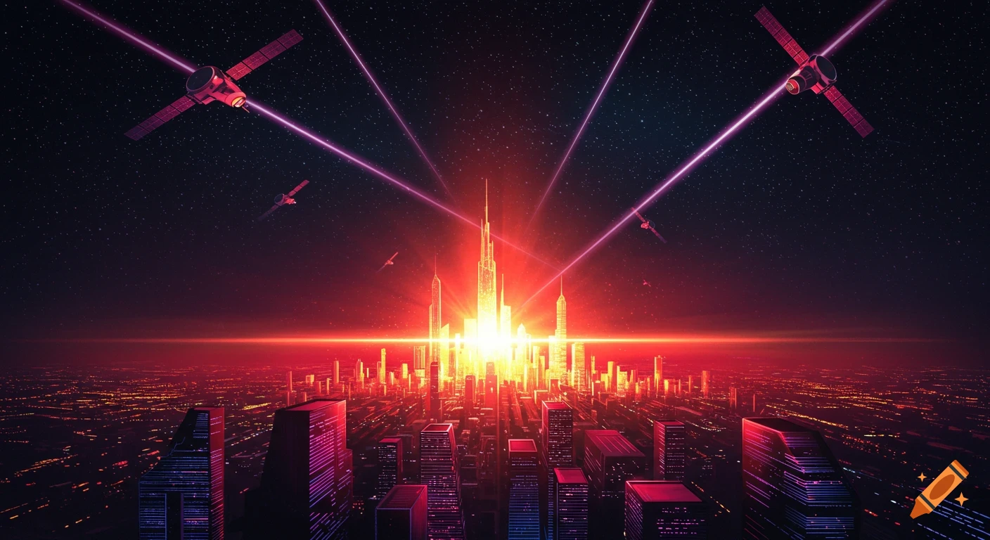 A glowing futuristic city skyline at night with satellites and laser beams in the starry sky.