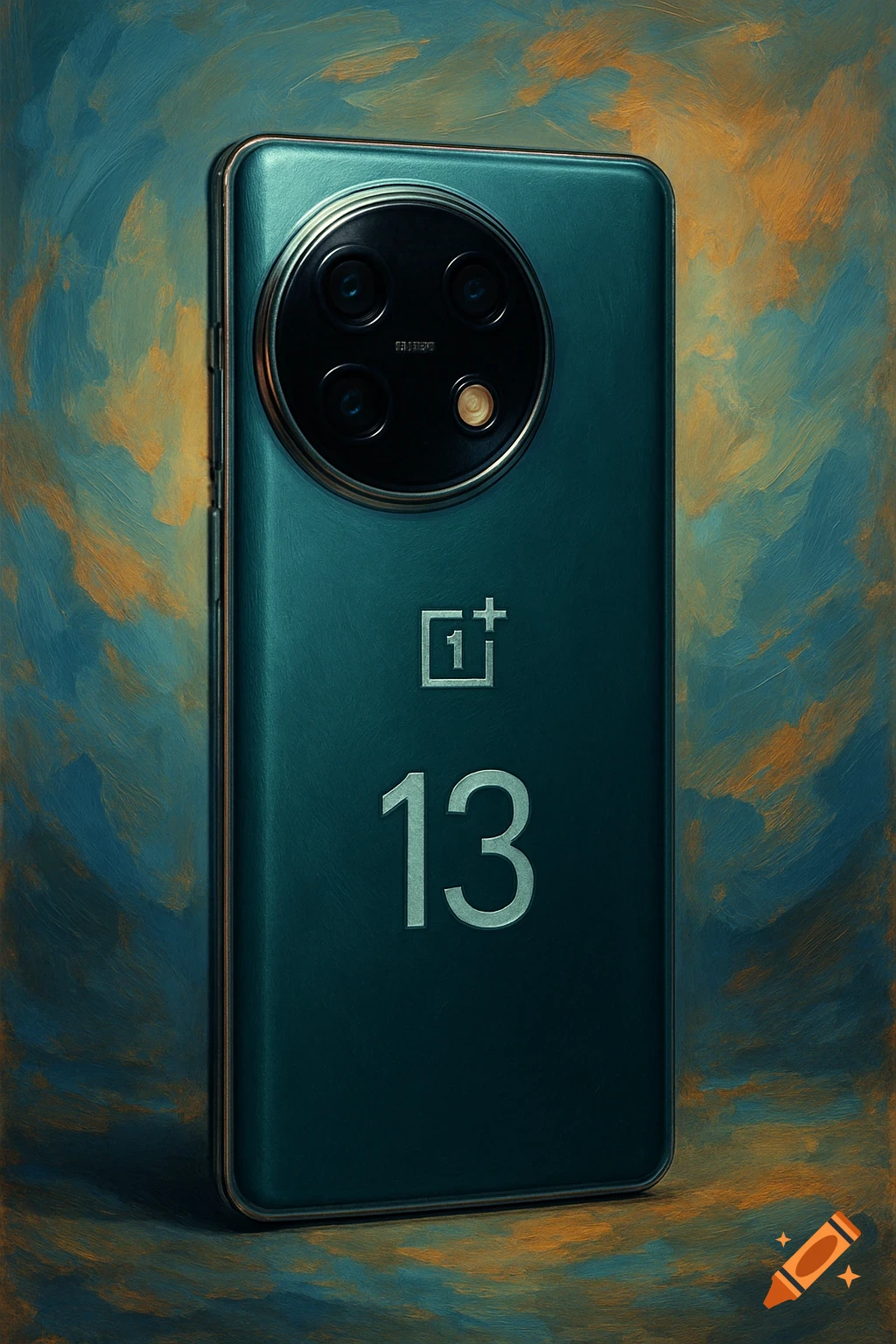 A OnePlus 13 phone against a brushstroke background.