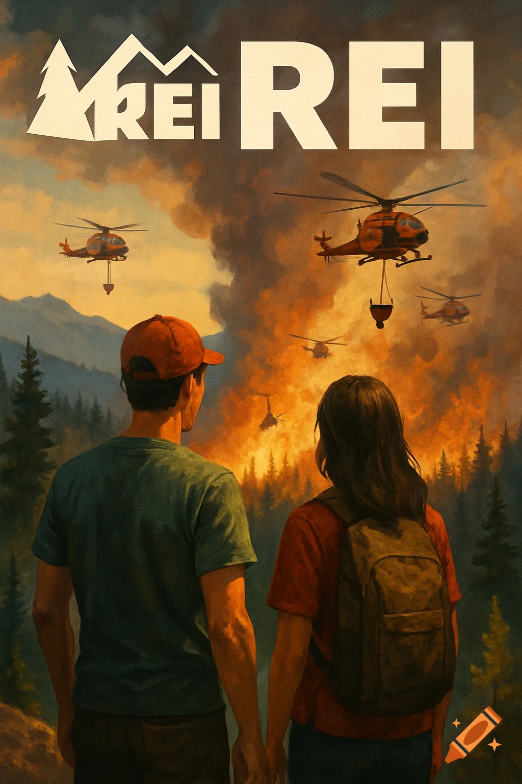Two people watching a forest fire with helicopters and the REI logo above.