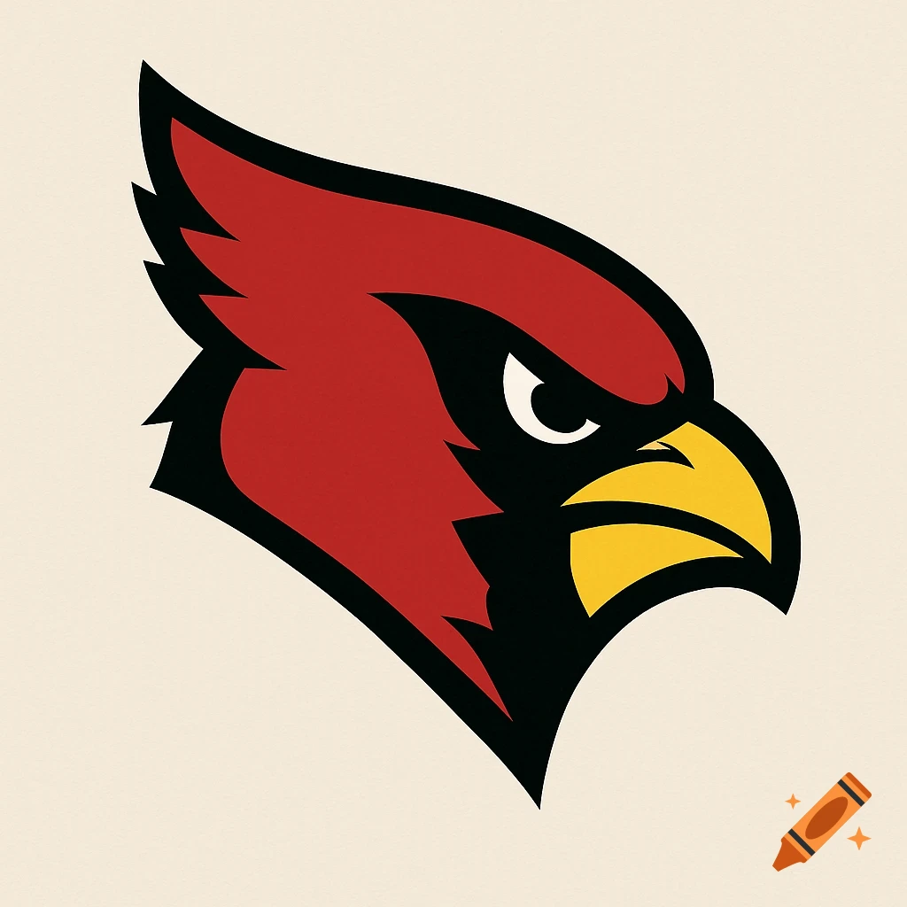 A stylized red, black, and yellow cardinal head logo in profile.