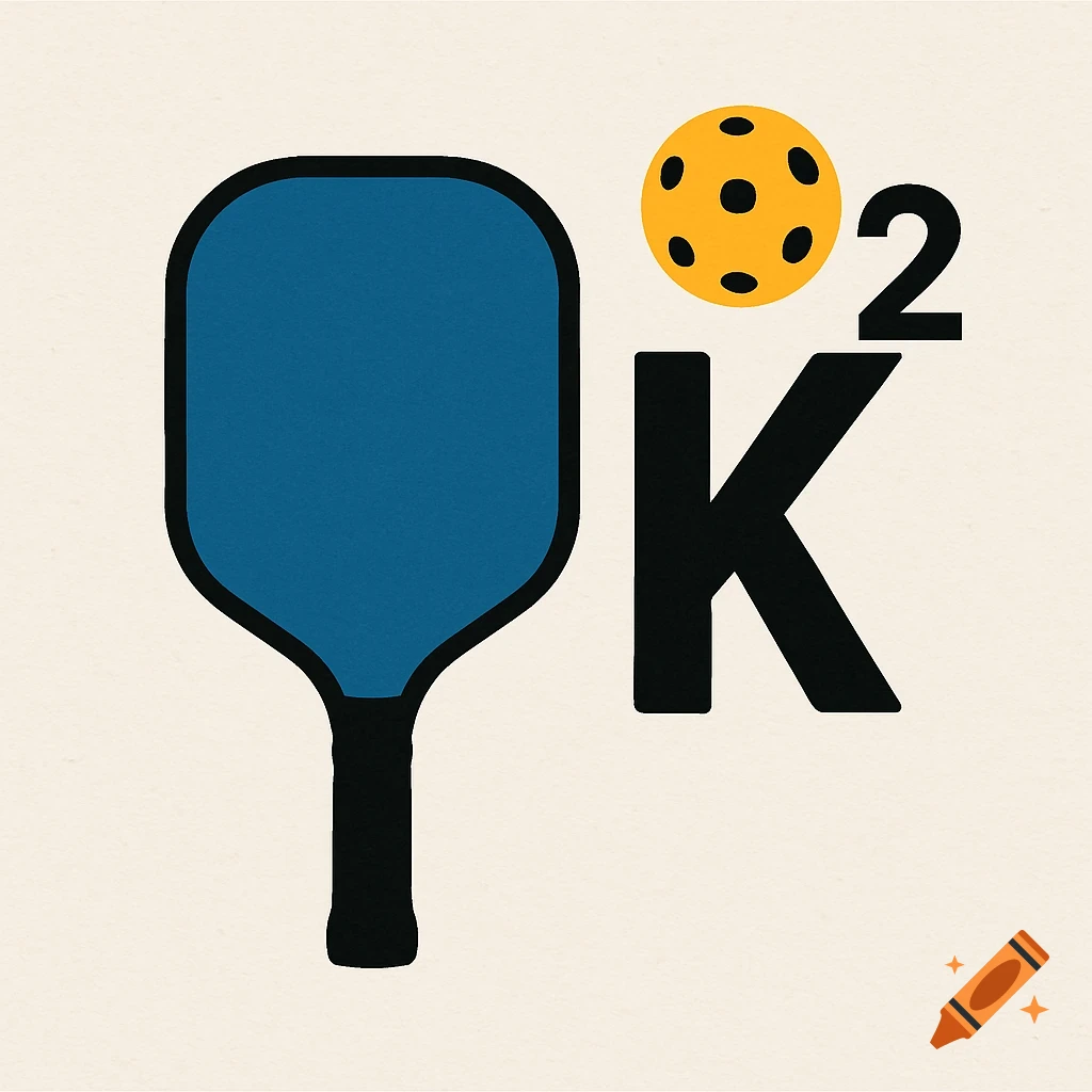 A graphic illustration featuring a blue pickleball paddle, a yellow pickleball, the letter K, and the number 2.