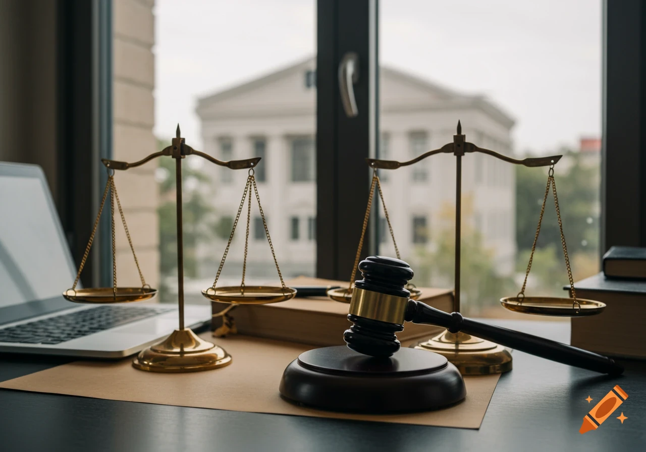 Scales of justice, gavel, and books on a desk with a laptop and courthouse building in the background.