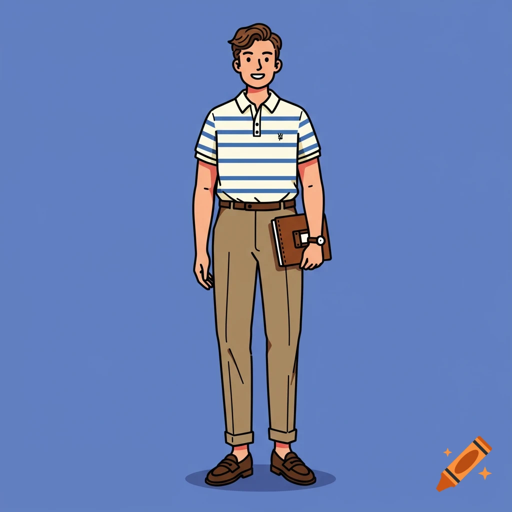 Illustration of a man wearing a striped polo shirt and khaki pants, holding a notebook.