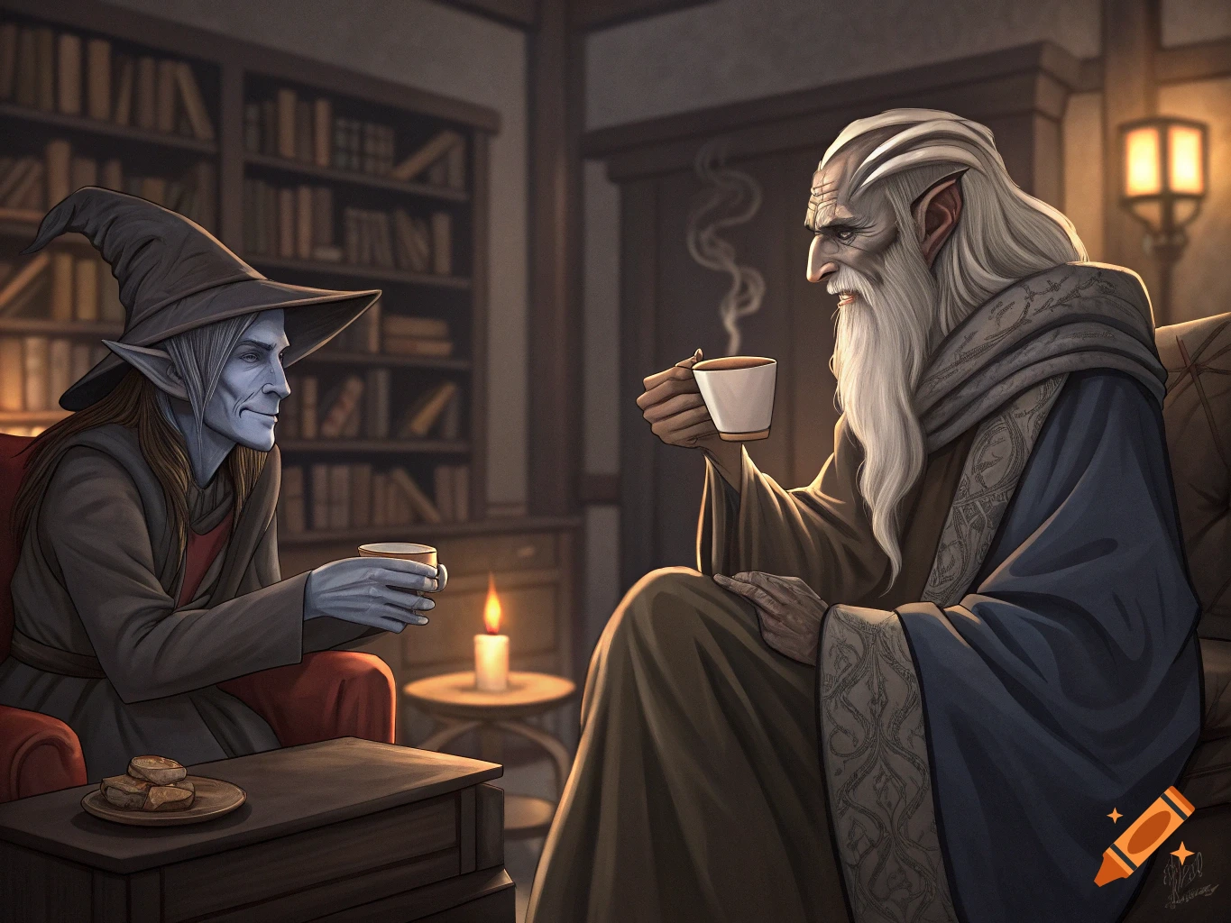 Two fantasy characters, one with blue skin and a wizard hat, the other an old man with a white beard, sit having coffee in a library.