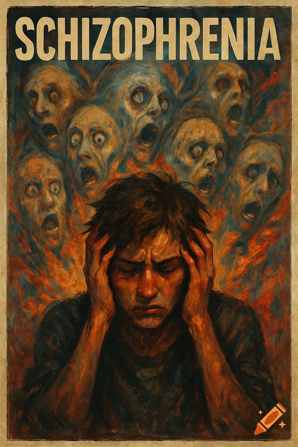 A person holds their head amidst a chaotic scene of distorted, screaming faces. Above them, the word "SCHIZOPHRENIA" is displayed.