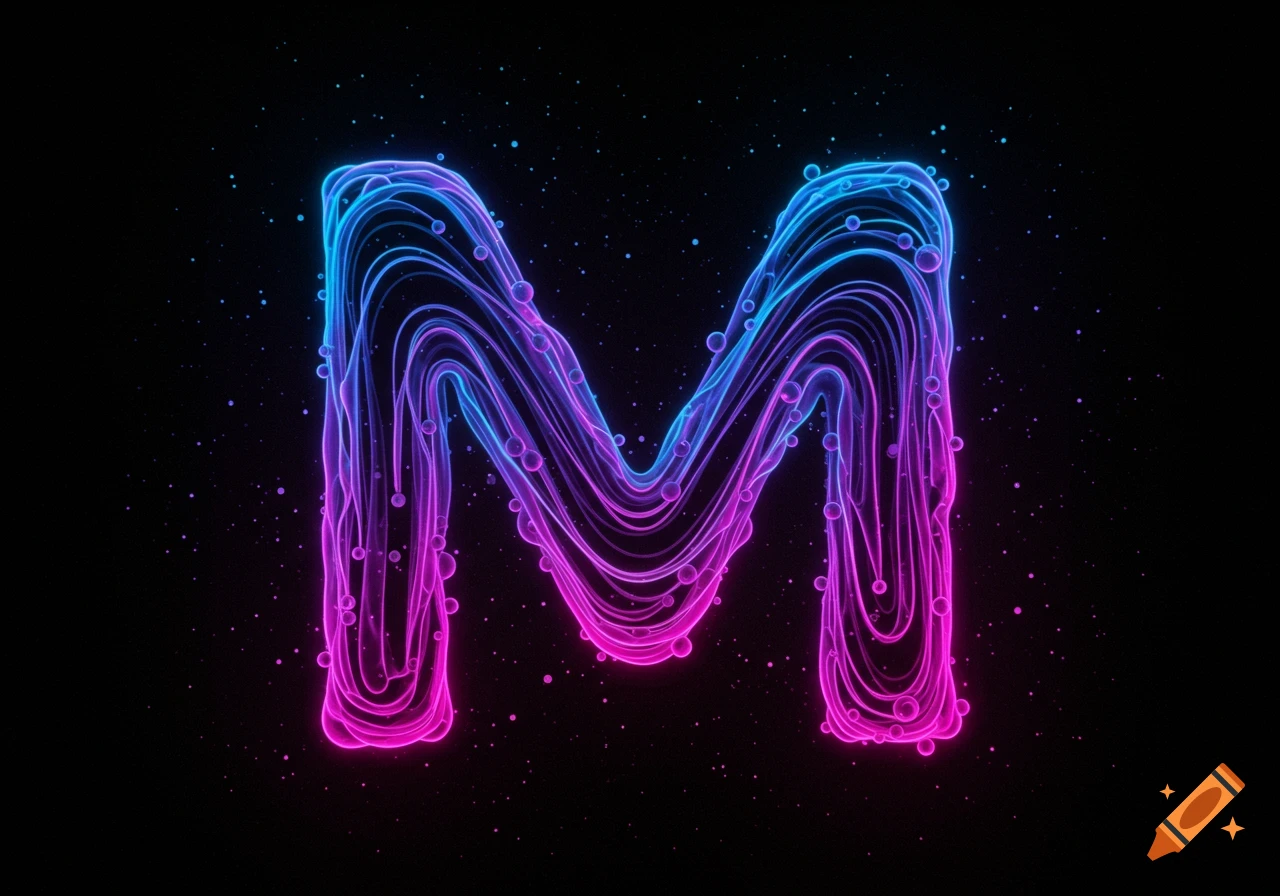 Stylized glowing letter M in blue and pink neon on a dark background.