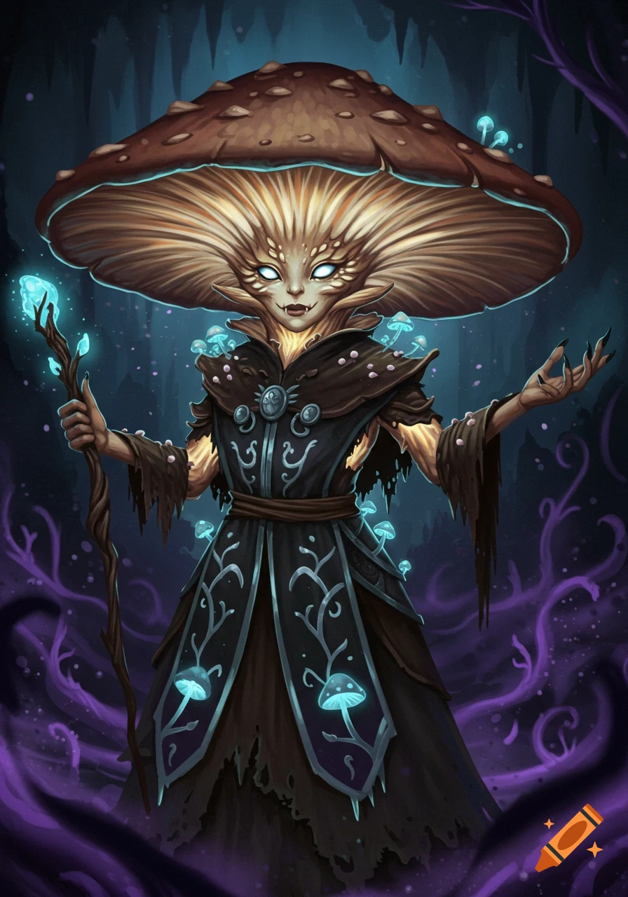 Mushroom humanoid fantasy character holding a staff in a dark setting.