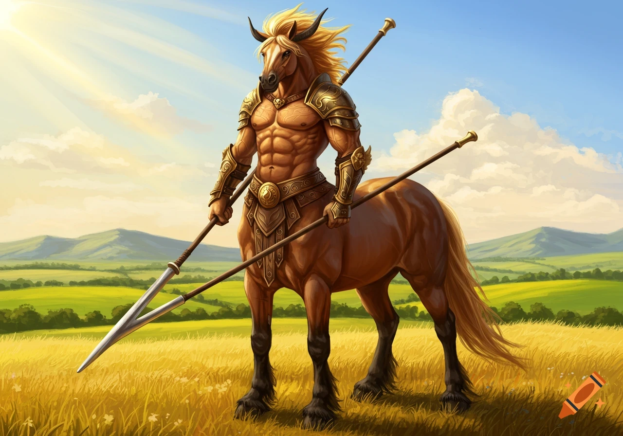 A centaur stands in a grassy field holding two spears.