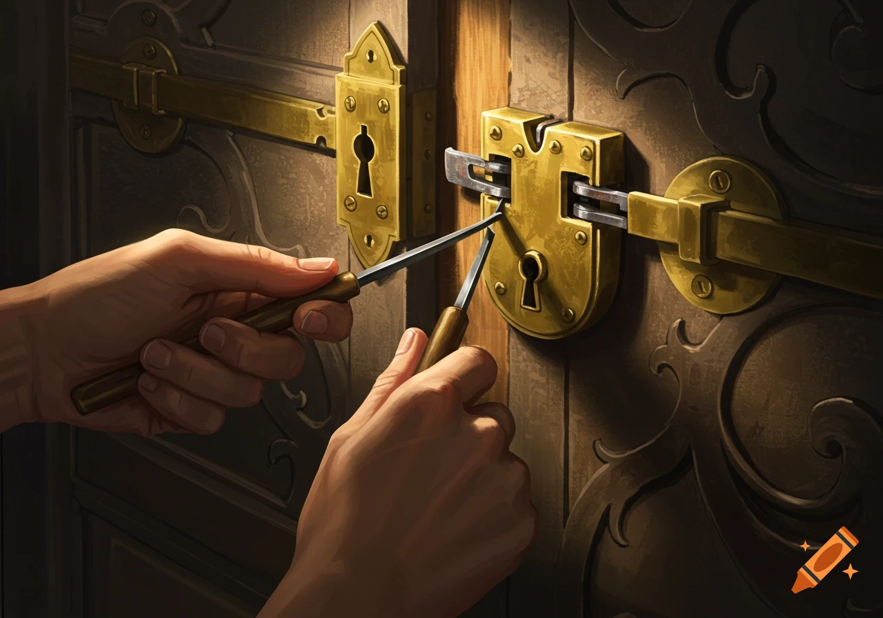Two hands picking a large brass lock on a wooden door.