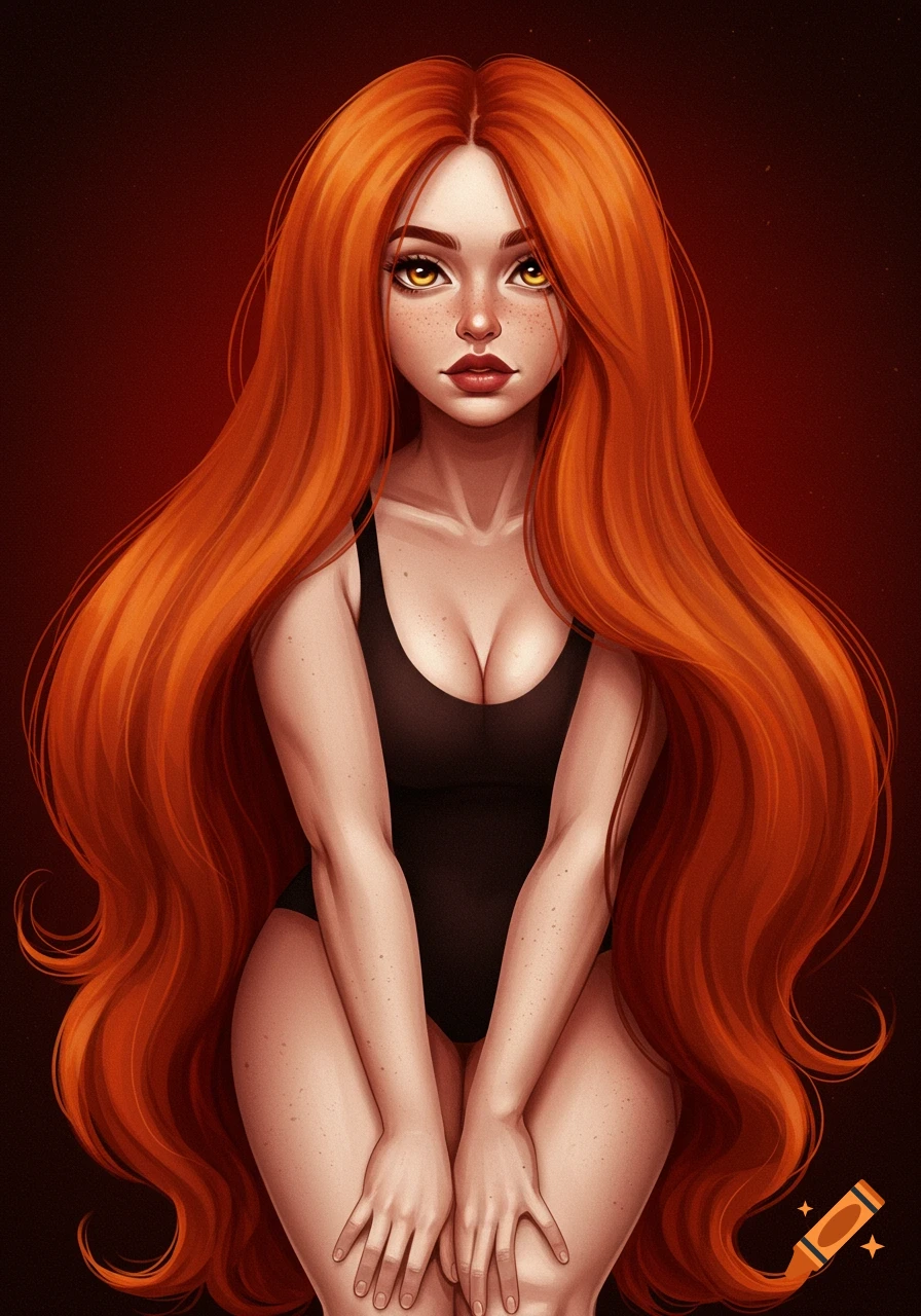 A redhead woman with long wavy hair, golden eyes, and freckles, wearing a black swimsuit.