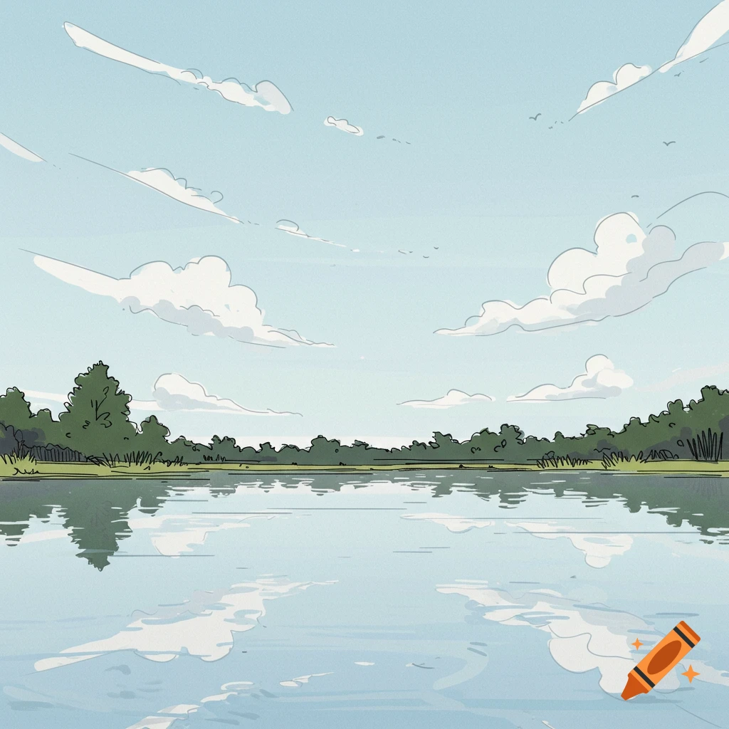 A simple drawing of a lake reflecting trees and clouds under a light blue sky.