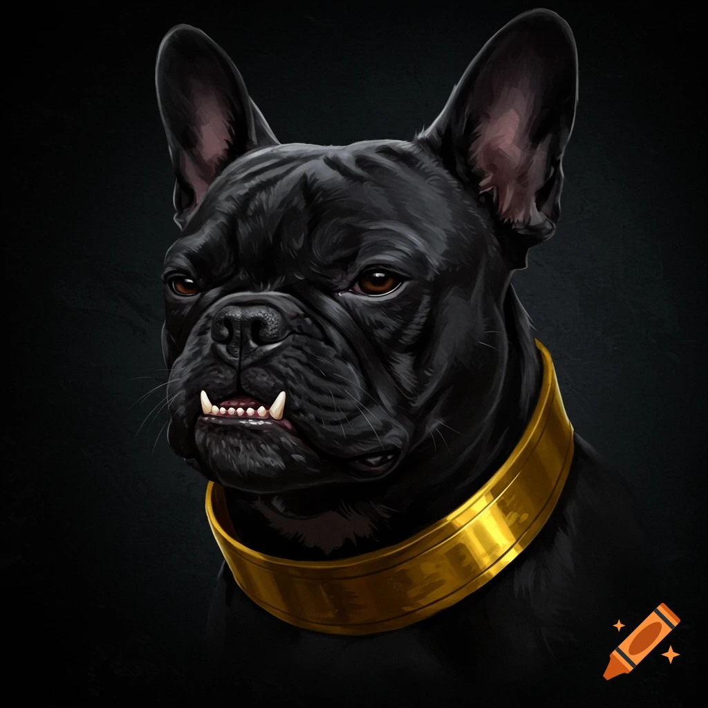 Black French bulldog with a gold collar and bared teeth.