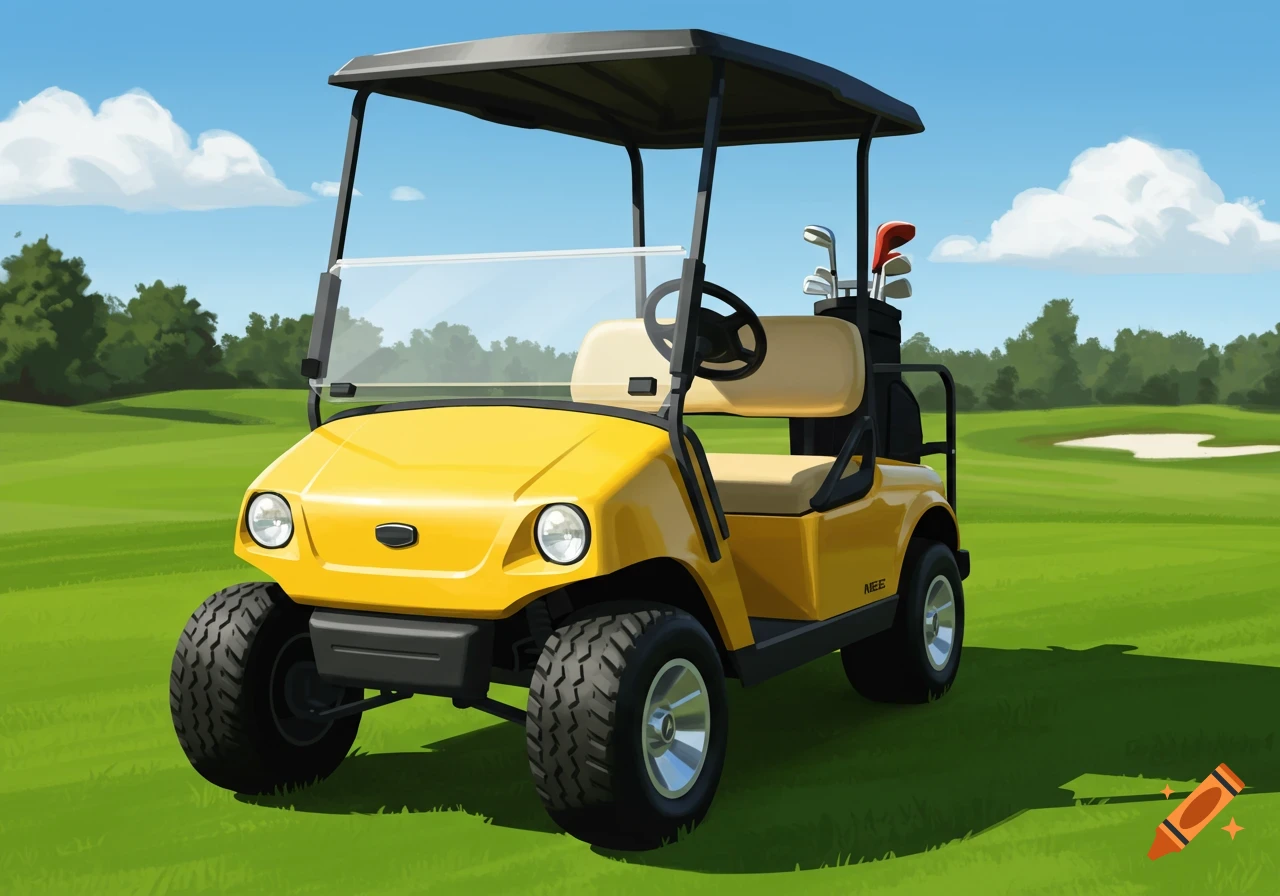 A yellow golf cart on a golf course.