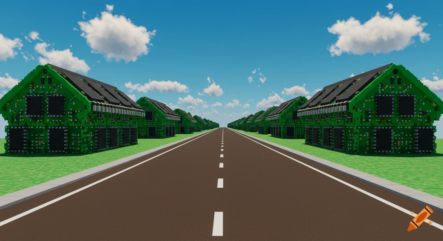 Houses made of circuit boards line a road under a blue sky in a retro gaming style.