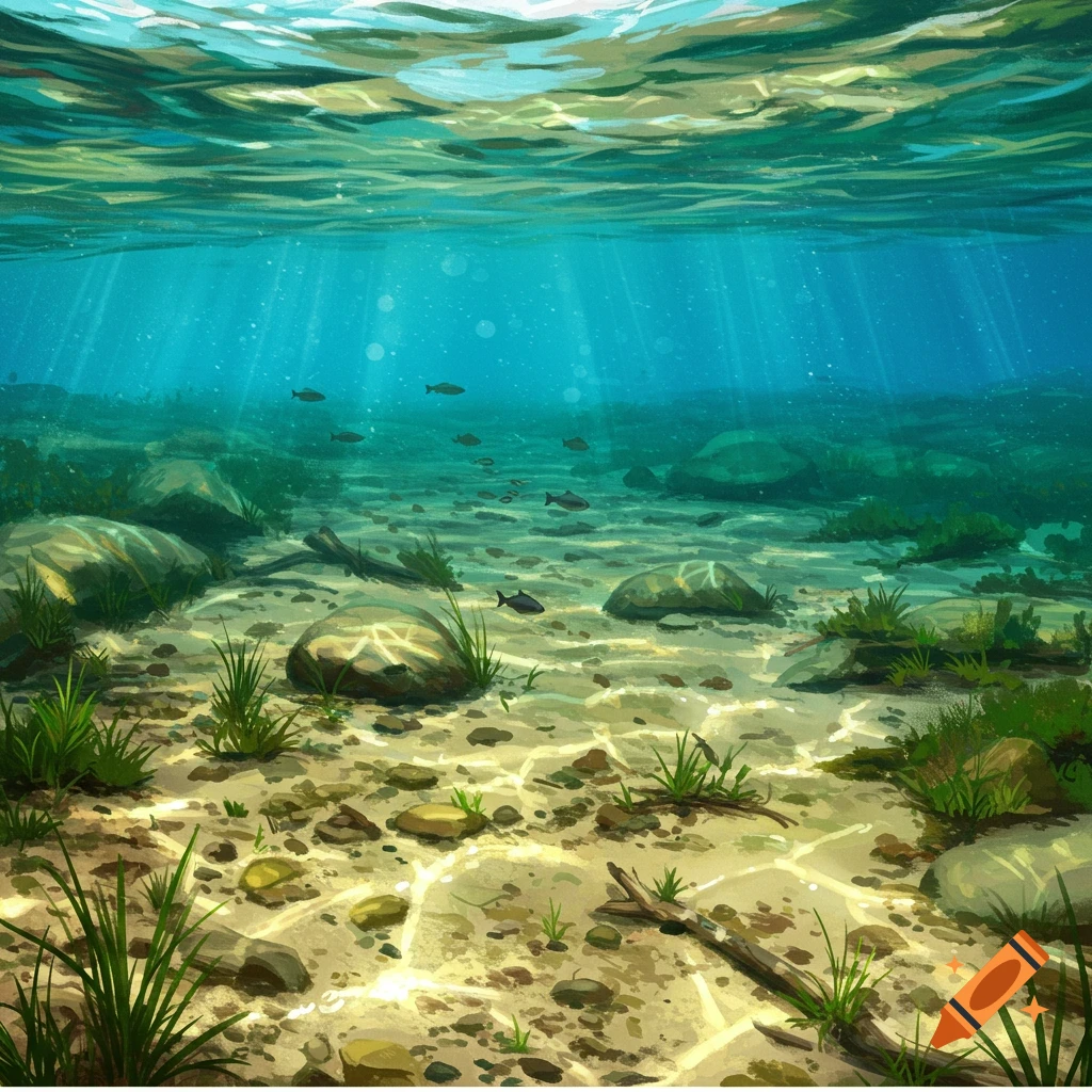 An underwater river scene with fish, rocks, plants, and sunlight rays.