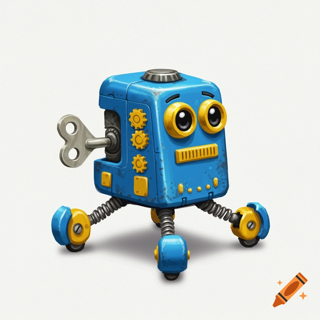 A blue wind-up toy robot with yellow eyes, gears, spring legs, and a wind-up key on a white background, digital art style.
