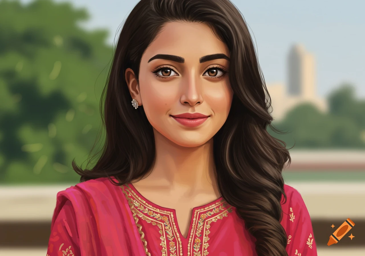 A young woman wears a pink embroidered garment and smiles slightly.
