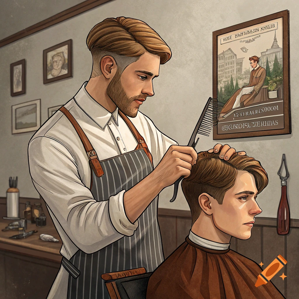 An illustrative image of a barber cutting a man's hair in a traditional barbershop.