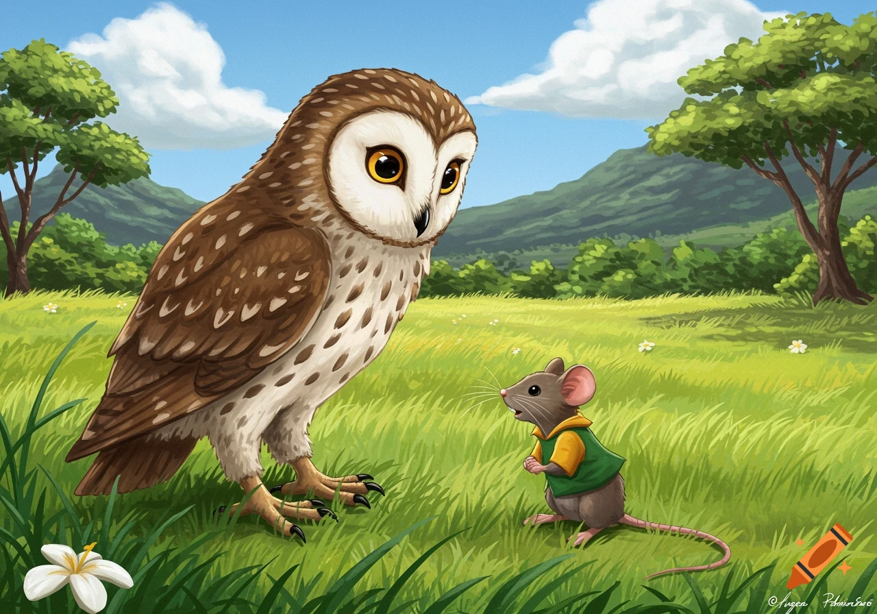 A large owl looks down at a small mouse wearing a vest in a sunny grassy field under a cloudy sky.