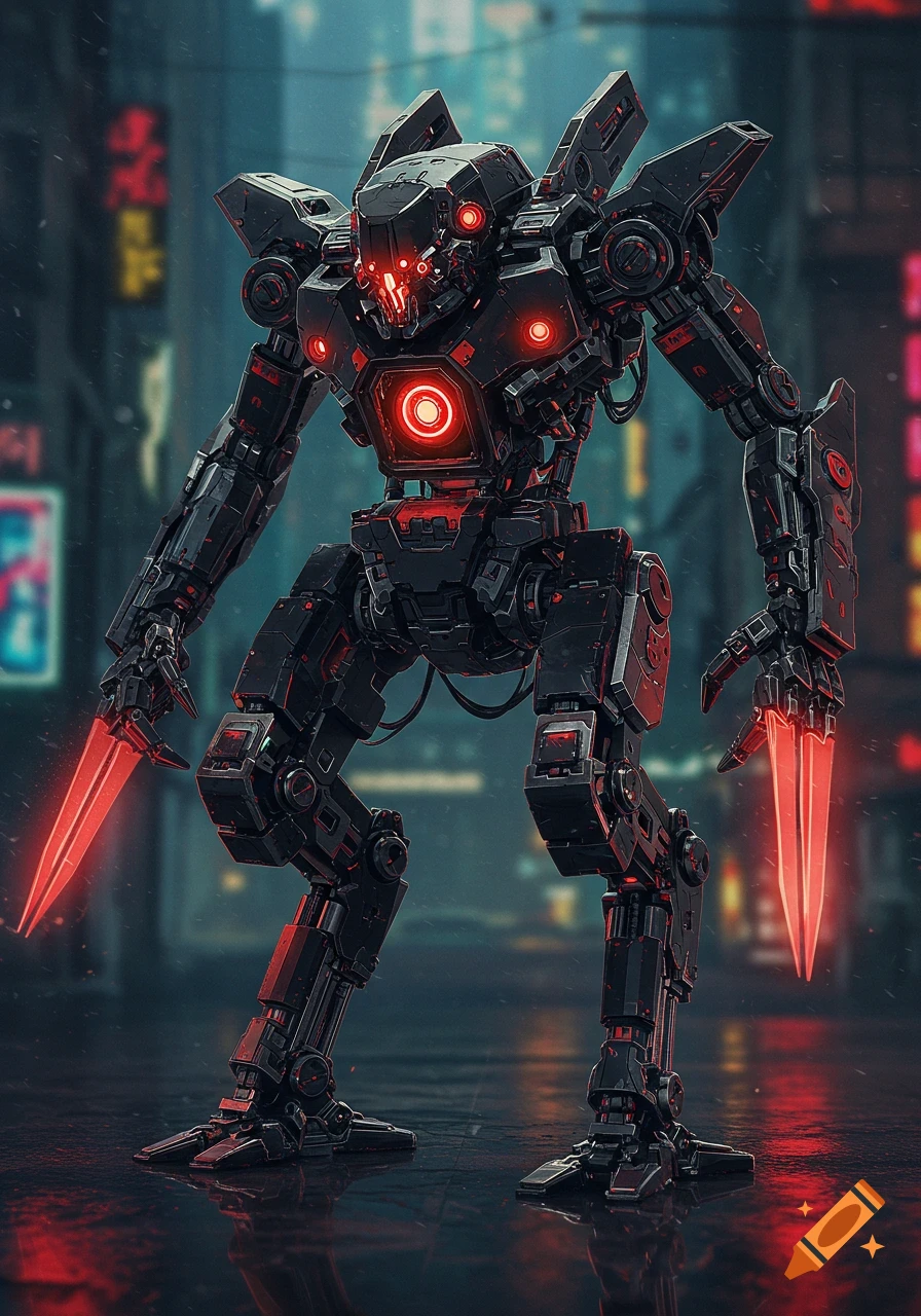 A detailed image of a large black killer robot with red glowing eyes and blade hands, standing on a wet street in a cyberpunk city.