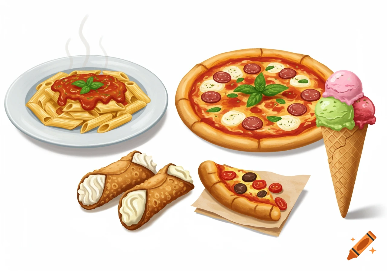 Pasta, pizza, cannoli, and gelato.