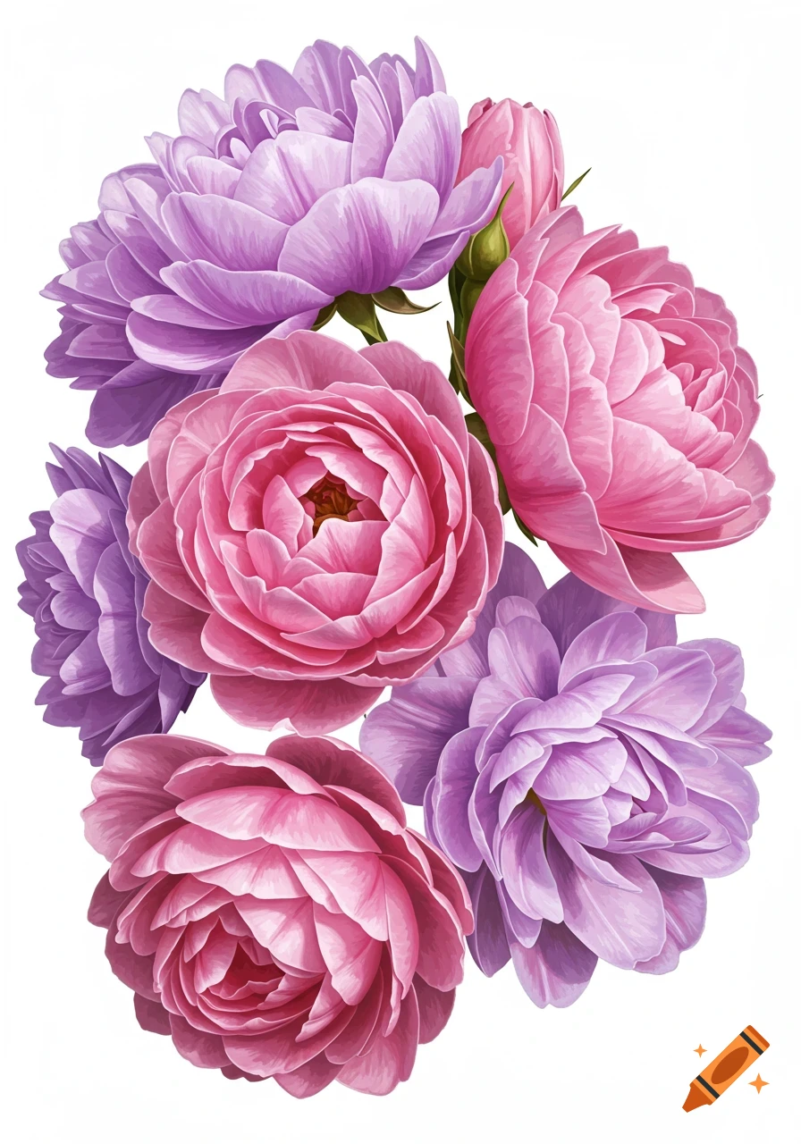 Pink and purple flowers on a white background.