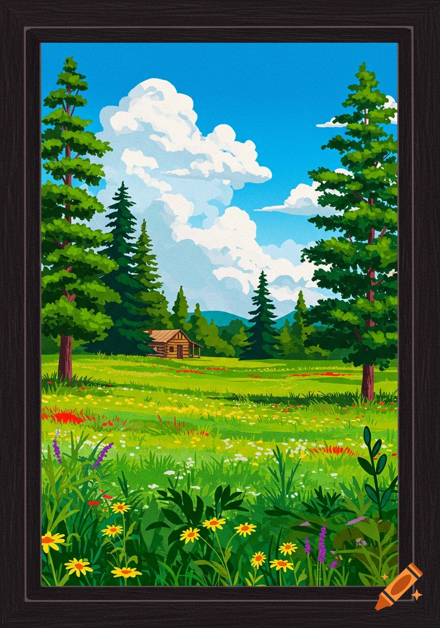A wooden cabin in a green meadow filled with wildflowers, surrounded by tall trees under a cloudy blue sky.