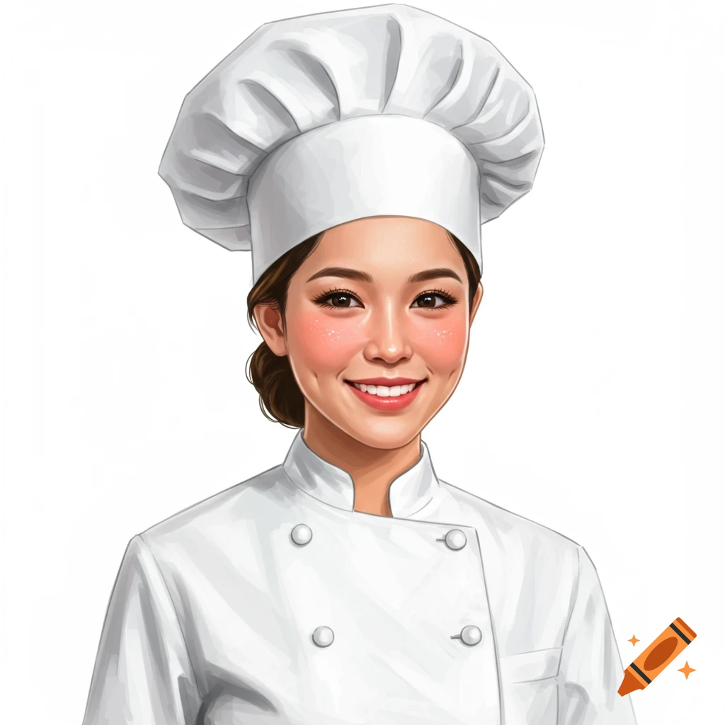 A smiling female chef in a white coat and hat