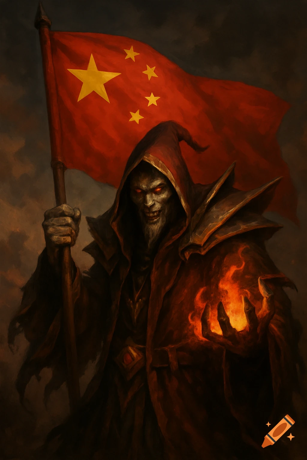A warlock holding the Chinese flag.