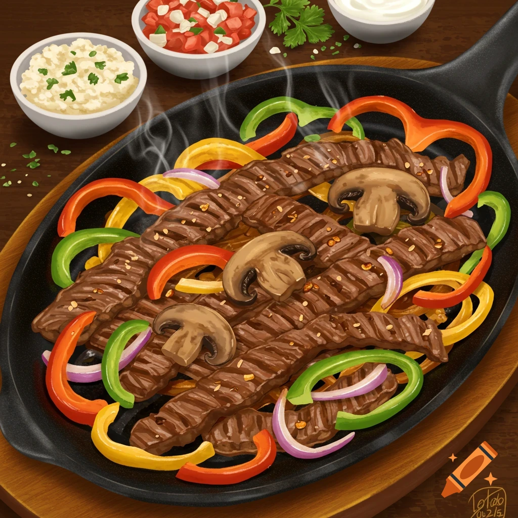 Steak fajitas with peppers, onions, rice, salsa, and sour cream in a skillet.