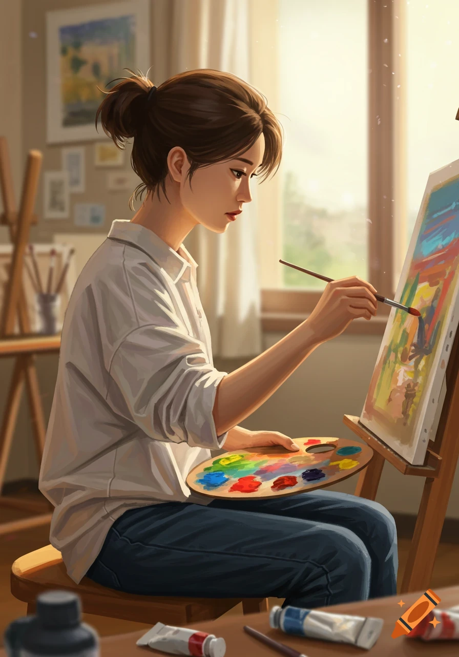 A young woman paints on an easel, holding a palette in a sunlit room.