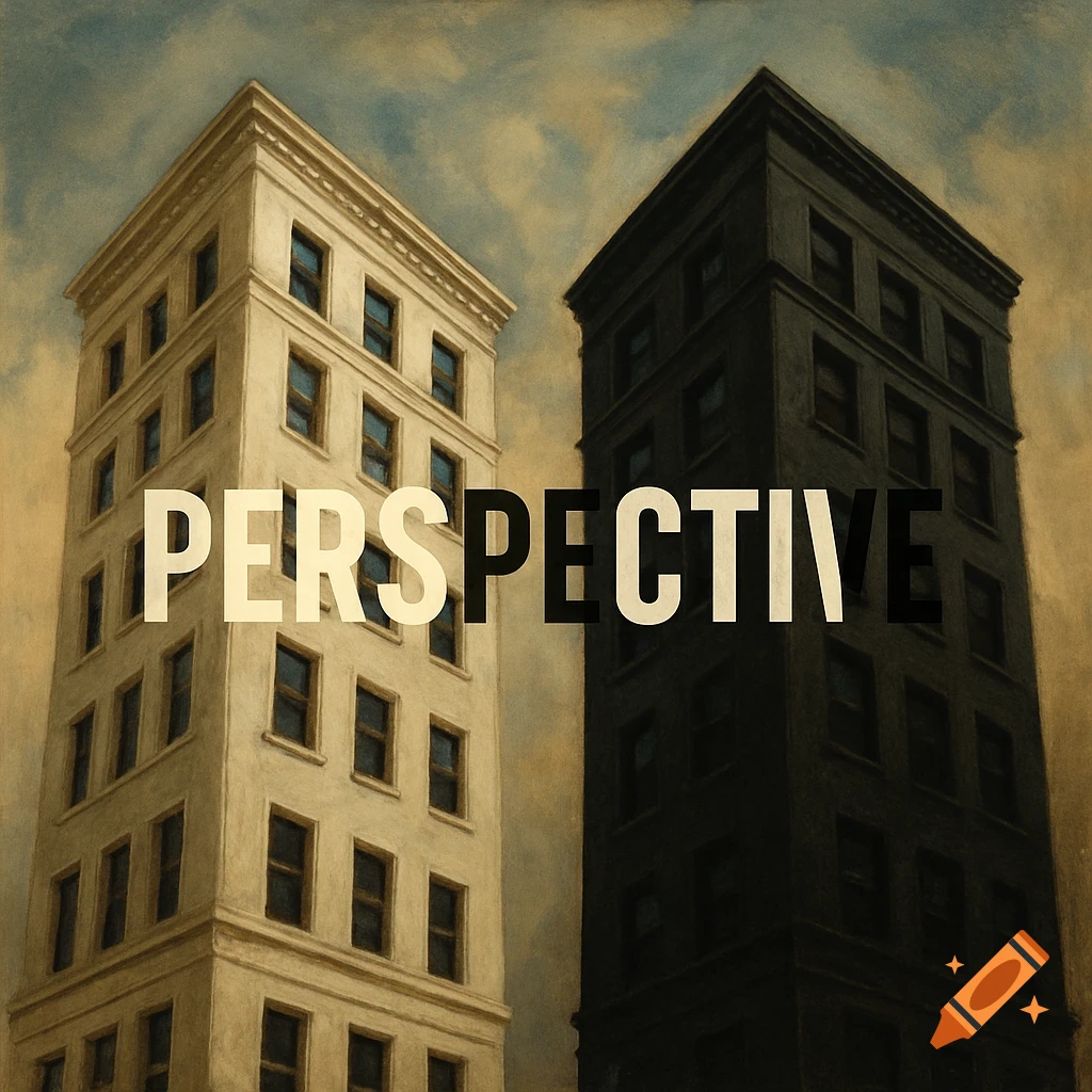 A light building and a dark building are shown with the word PERSPECTIVE overlaid.