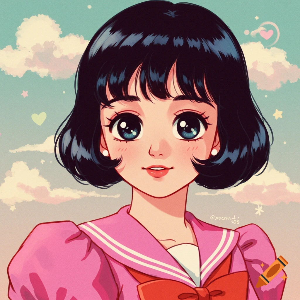 A girl in a pink sailor outfit in vintage anime style against a cloudy sky.