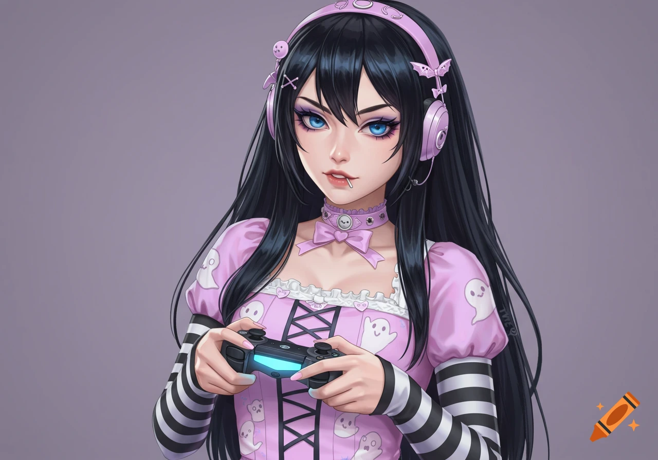 An anime girl with black hair, pink headphones, and a ghost-patterned dress holds a video game controller.