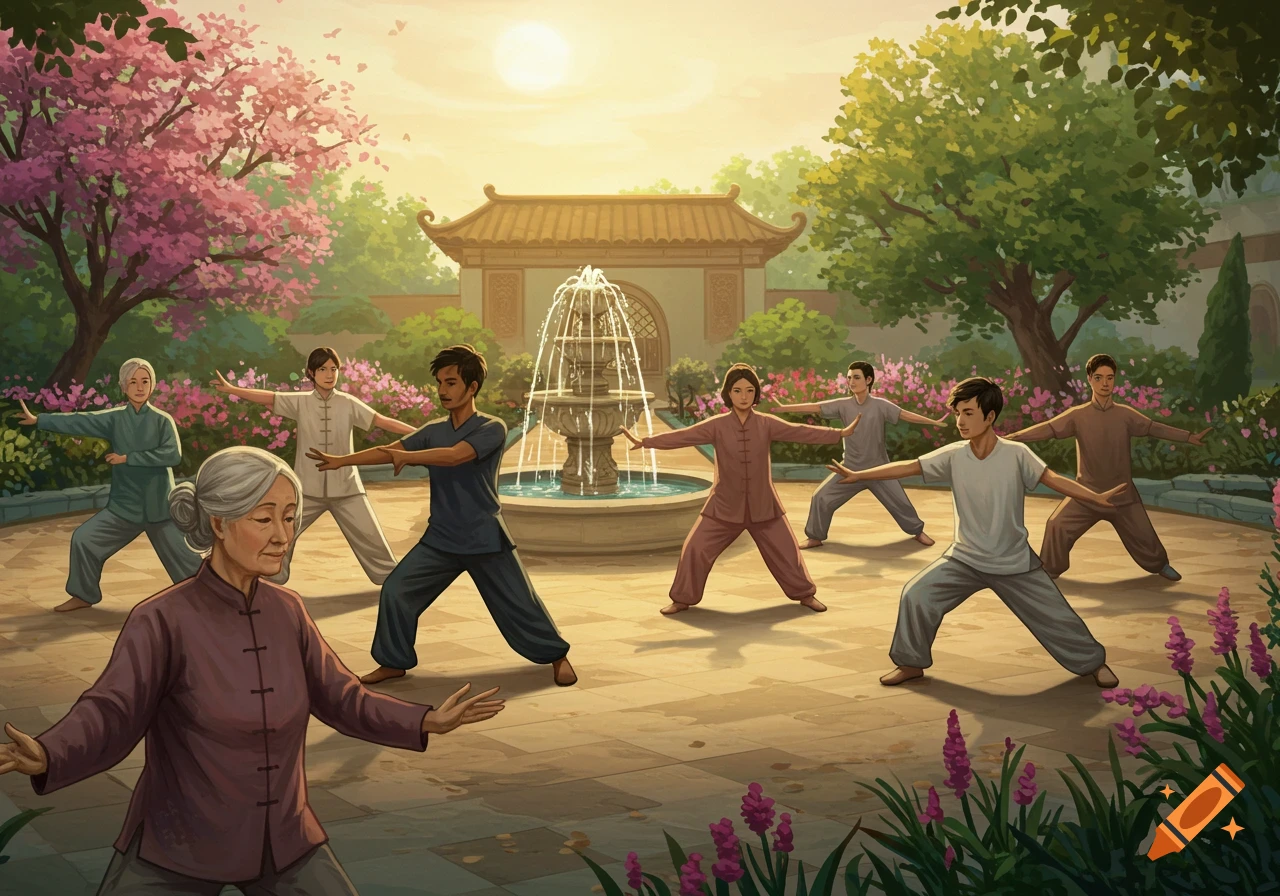 People doing Tai chi in a sunny garden with a fountain
