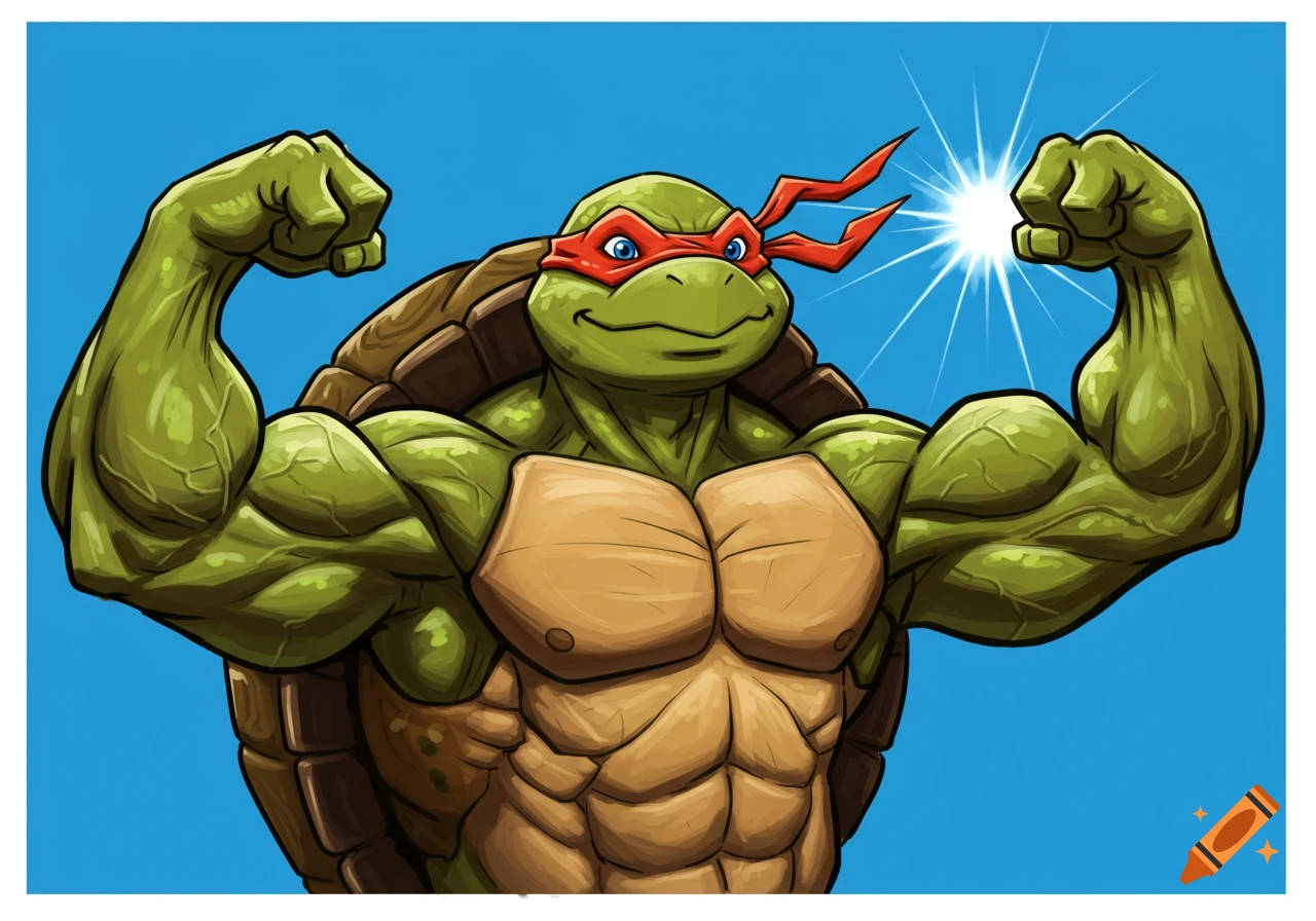 A muscular cartoon turtle wearing a red mask flexes its arms against a blue background.