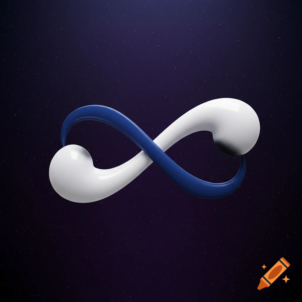A stylized blue and white infinity symbol floats against a dark, star-filled space background.