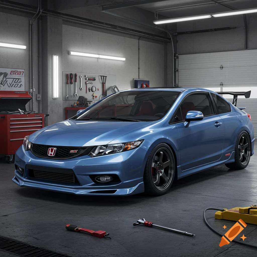 A blue coupe sports car is parked in a garage with tools around it.