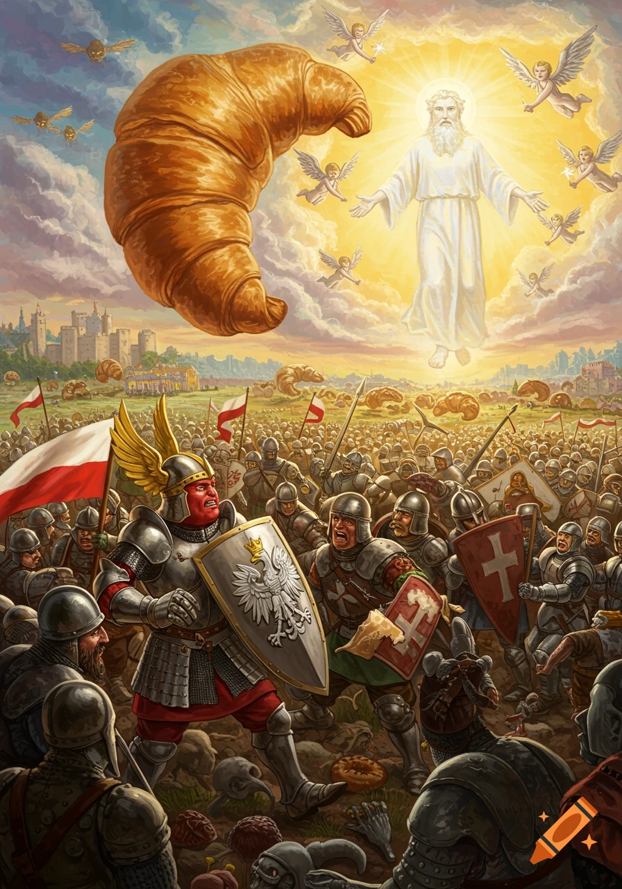 A giant croissant floats above a battle between Polish soldiers and figures led by a God-like being, in a fantasy style.