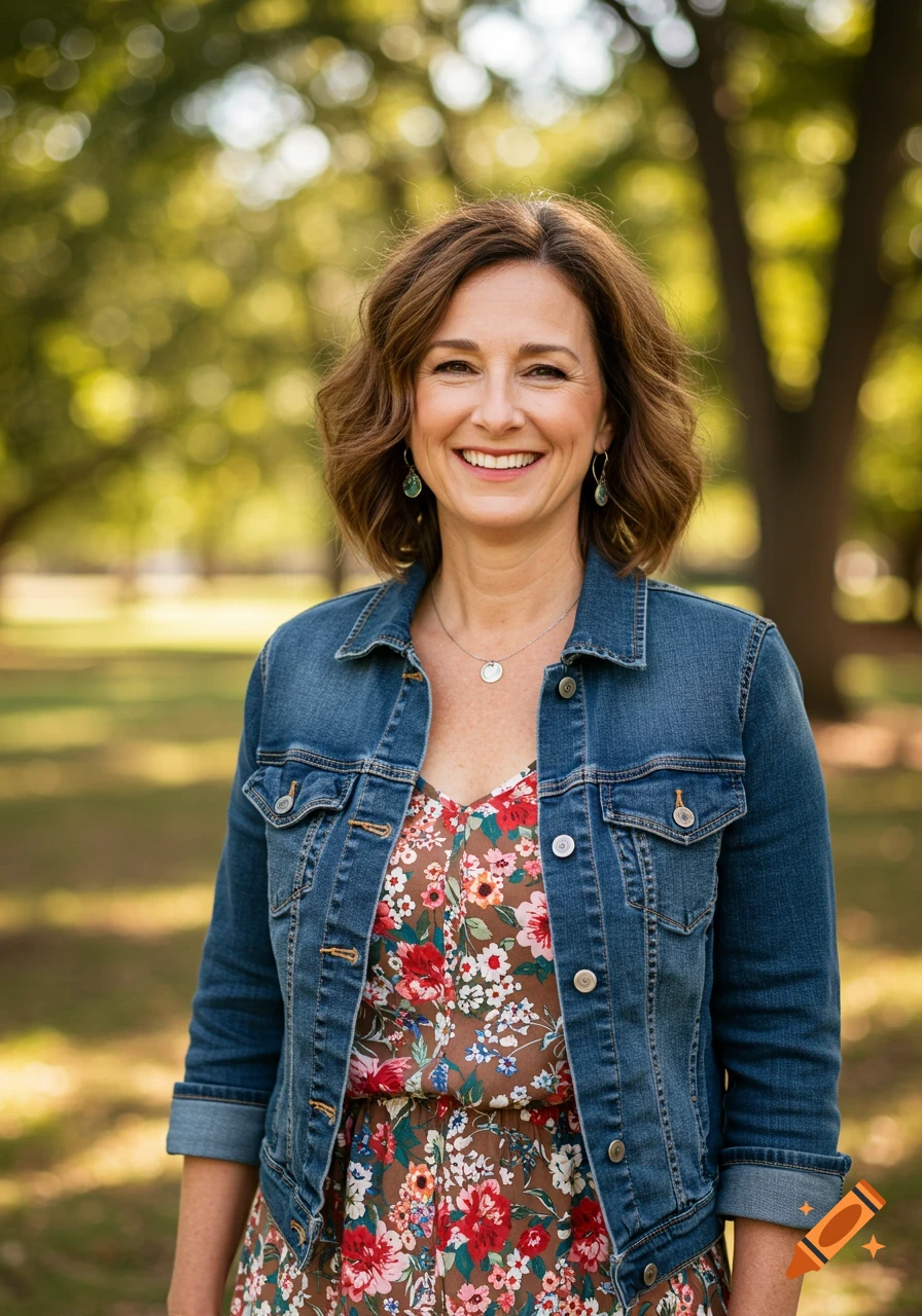 A smiling woman wearing a floral dress and denim jacket stands in a park.