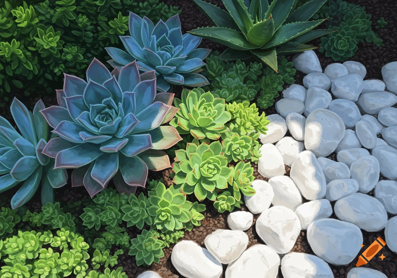 Various succulents and white pebbles in a garden.