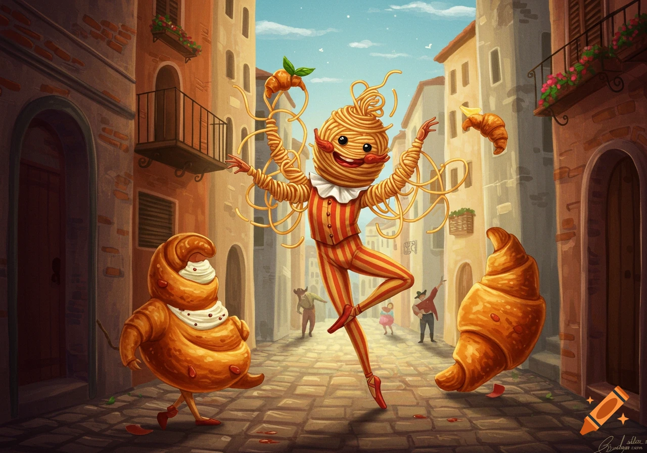 A spaghetti character dances with croissant characters in a cobblestone street.